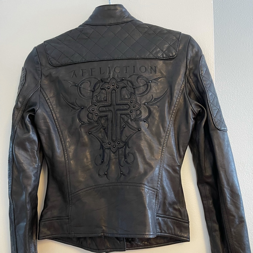 BRAND NEW LEATHER JACKET limited edition by Affliction black crystal cross!